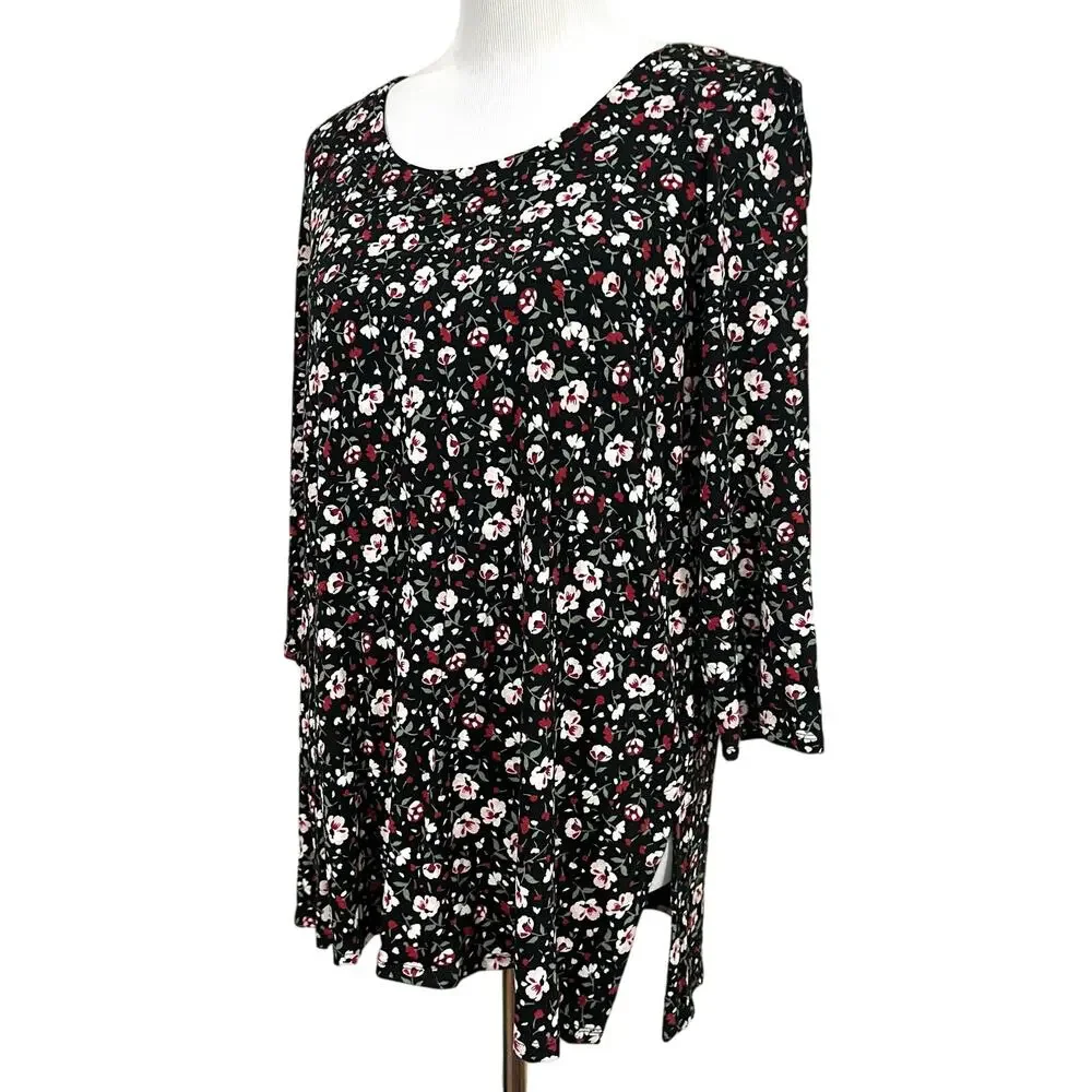 J.Jill Wearever Tunic Top Black Pink Floral Jersey Knit Stretch Side Slits Sz M